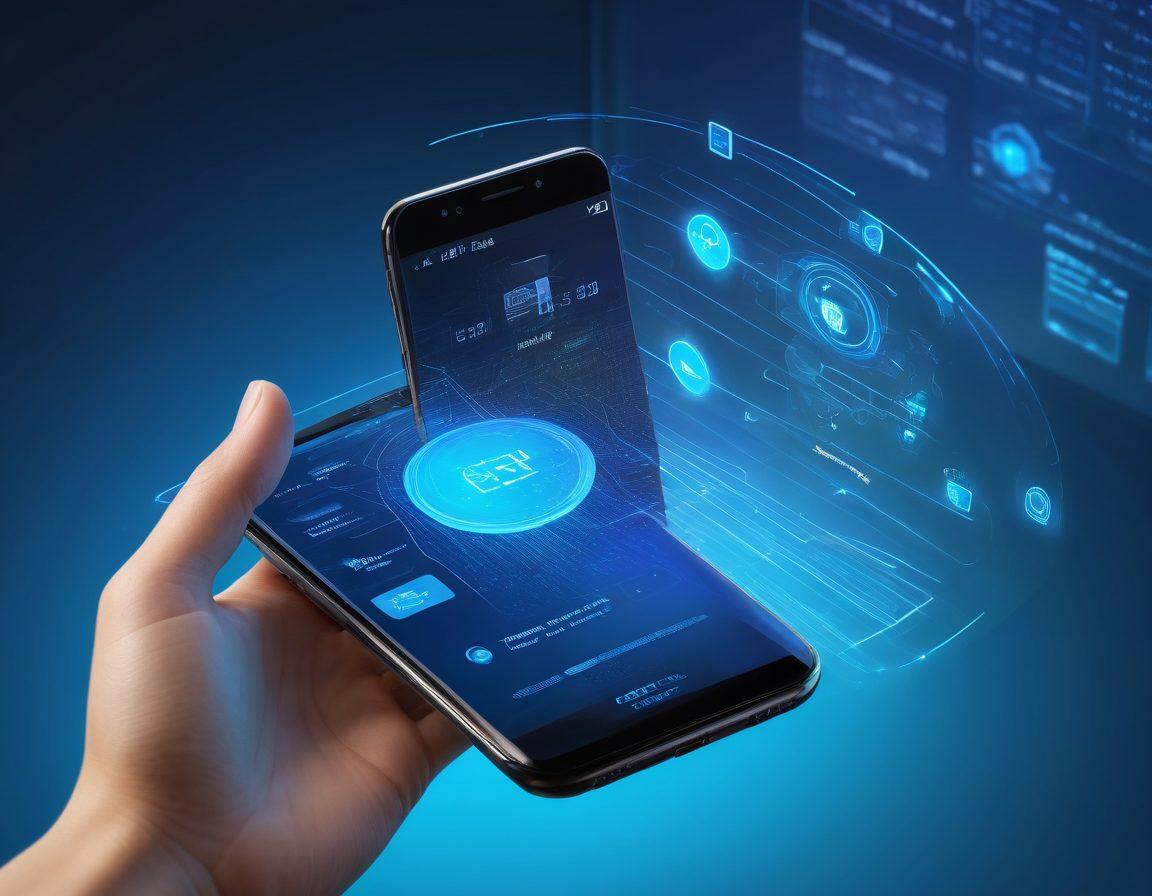 A futuristic digital landscape showing a sleek mobile device displaying a secure payment app, surrounded by holographic icons representing security, transaction speed, and global connectivity. Integrate elements like a stylized clock and dynamic data streams in the background, symbolizing the seamless flow of time and transactions. Bright blue and metallic tones to emphasize security and modernity. super-realistic. vibrant colors. 3D.