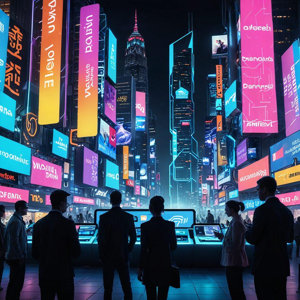 A futuristic city skyline with vibrant digital advertisements showcasing various payment solutions, including ChronoPay. In the foreground, diverse people using smartphones and touchless devices to make transactions, surrounded by floating holographic interfaces. The scene should convey a sense of innovation and connectivity in digital commerce. Bright neon colors and a sense of motion to depict transformation and progress. super-realistic. vibrant colors. cyberpunk.
