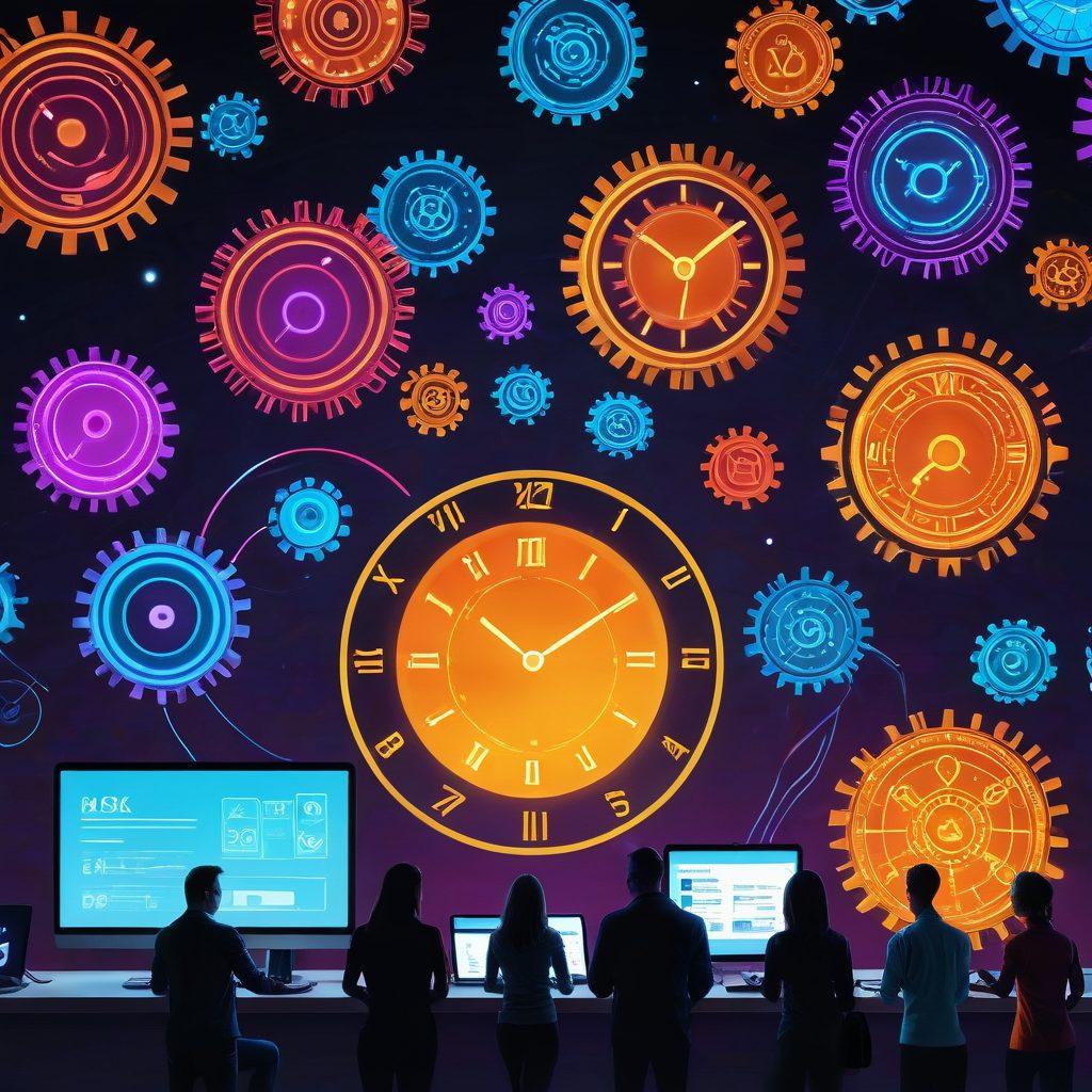 An abstract representation of a digital marketplace intertwined with futuristic elements like clocks and gears, symbolizing time-efficient payment solutions. Showcase a diverse group of people happily engaging in online shopping on various devices, surrounded by glowing payment icons and technology integrations. The style should reflect innovation and modernity. vibrant colors. super-realistic.